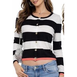 Vintage Juicy Couture Silk Striped Cardigan Women M Pink Trim Button Front Y2K